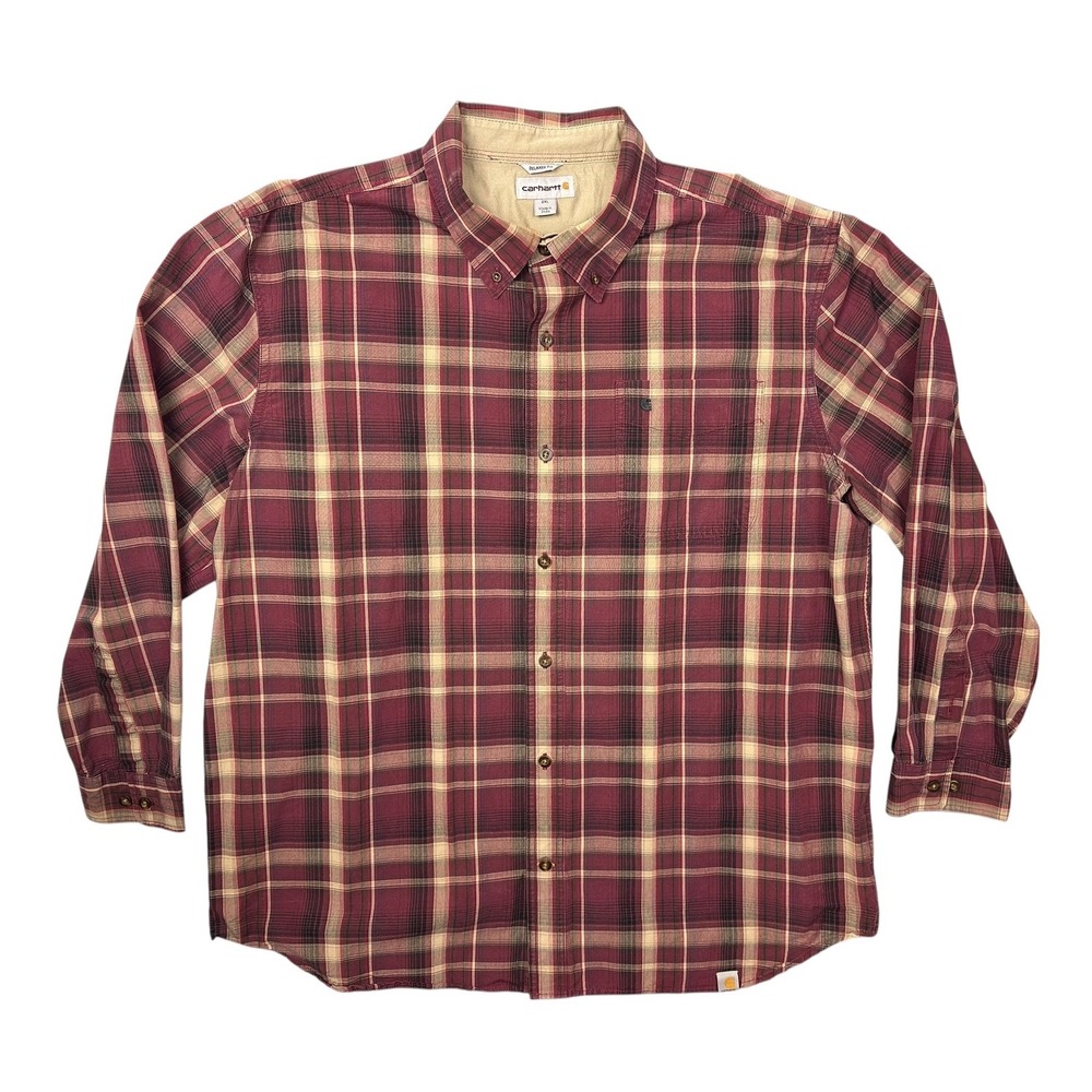 Carhartt Relaxed Fit Plaid Button Down Shirt Mens 2XL Burgundy Long Sleeve